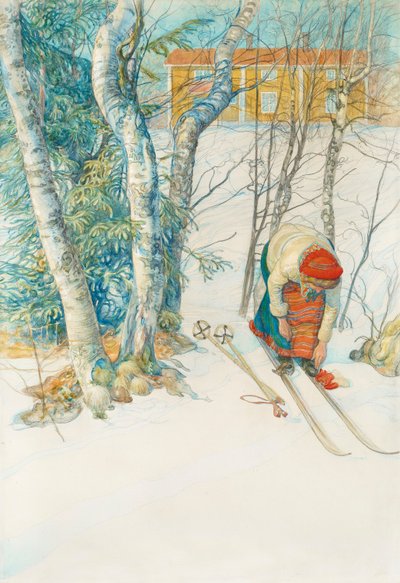 Girl Putting on Skis by Carl Larsson